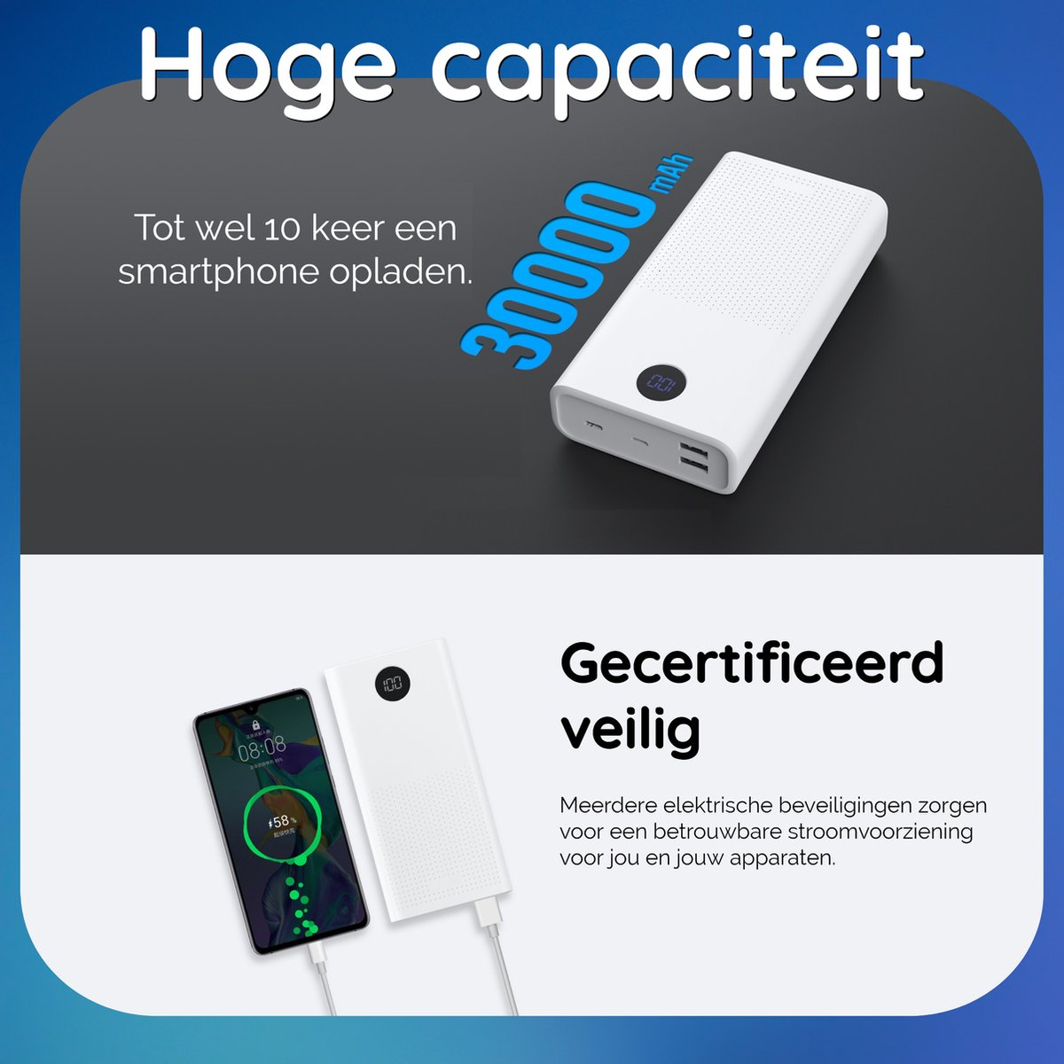 Witte powerbank met 30000 mAh, en een smartphone die oplaadt. Tekst zegt 'Hoge capaciteit' en 'Gecertificeerd veilig'.