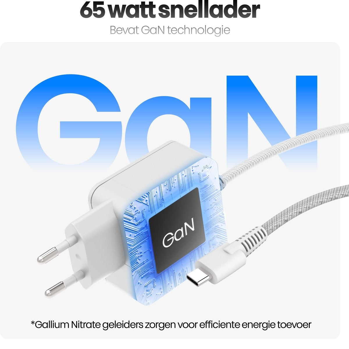 A white GaN charger with a USB-C cable. The word "GaN" is prominently displayed. Text at the top says "65 watt snellader".