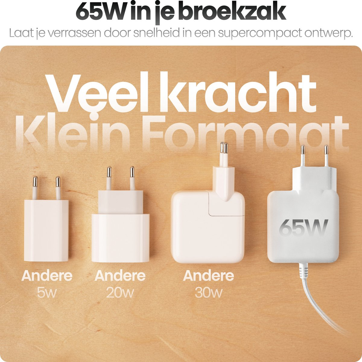 Image shows four white power adapters with different wattages. Text highlights compact design and power. Background is wooden.