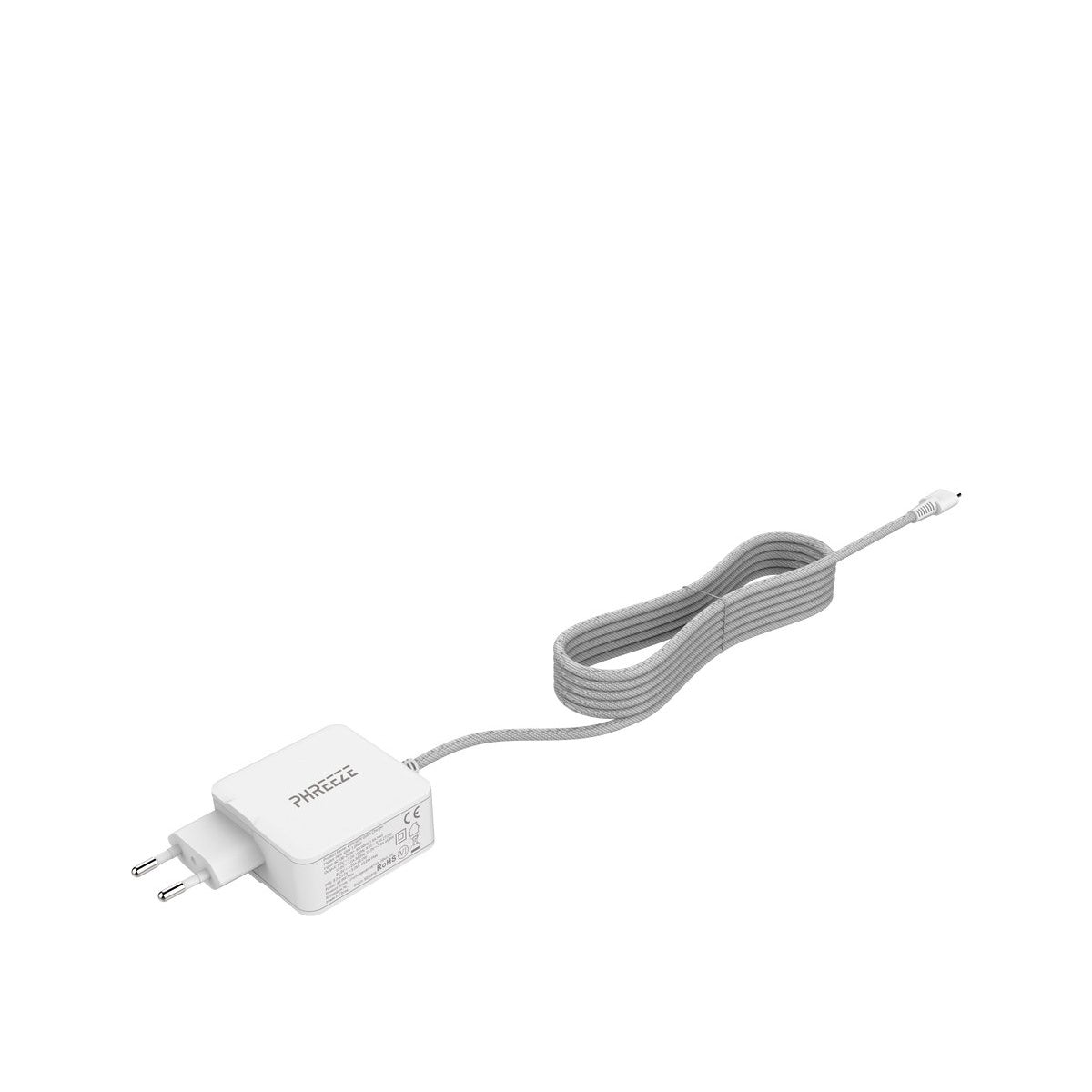 A white charger with a gray cable. The charger has two prongs and a label. The cable is looped and connected to a USB-C end.