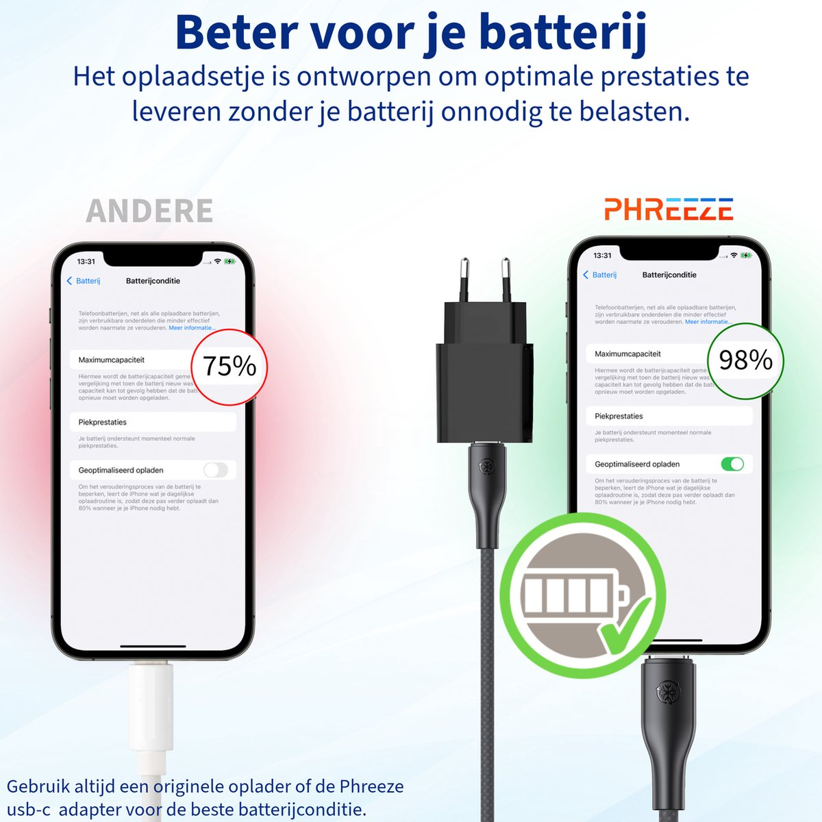Afbeelding toont twee telefoons met batterij-info, een oplader en de tekst "Beter voor je batterij".