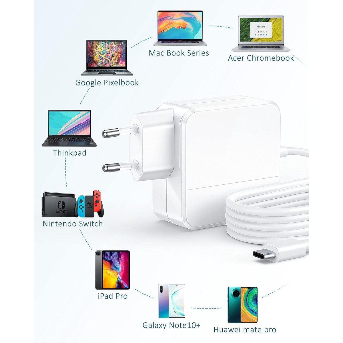 Een witte oplader met stekkerpinnen, verbonden met verschillende apparaten zoals laptops, tablets en telefoons.
