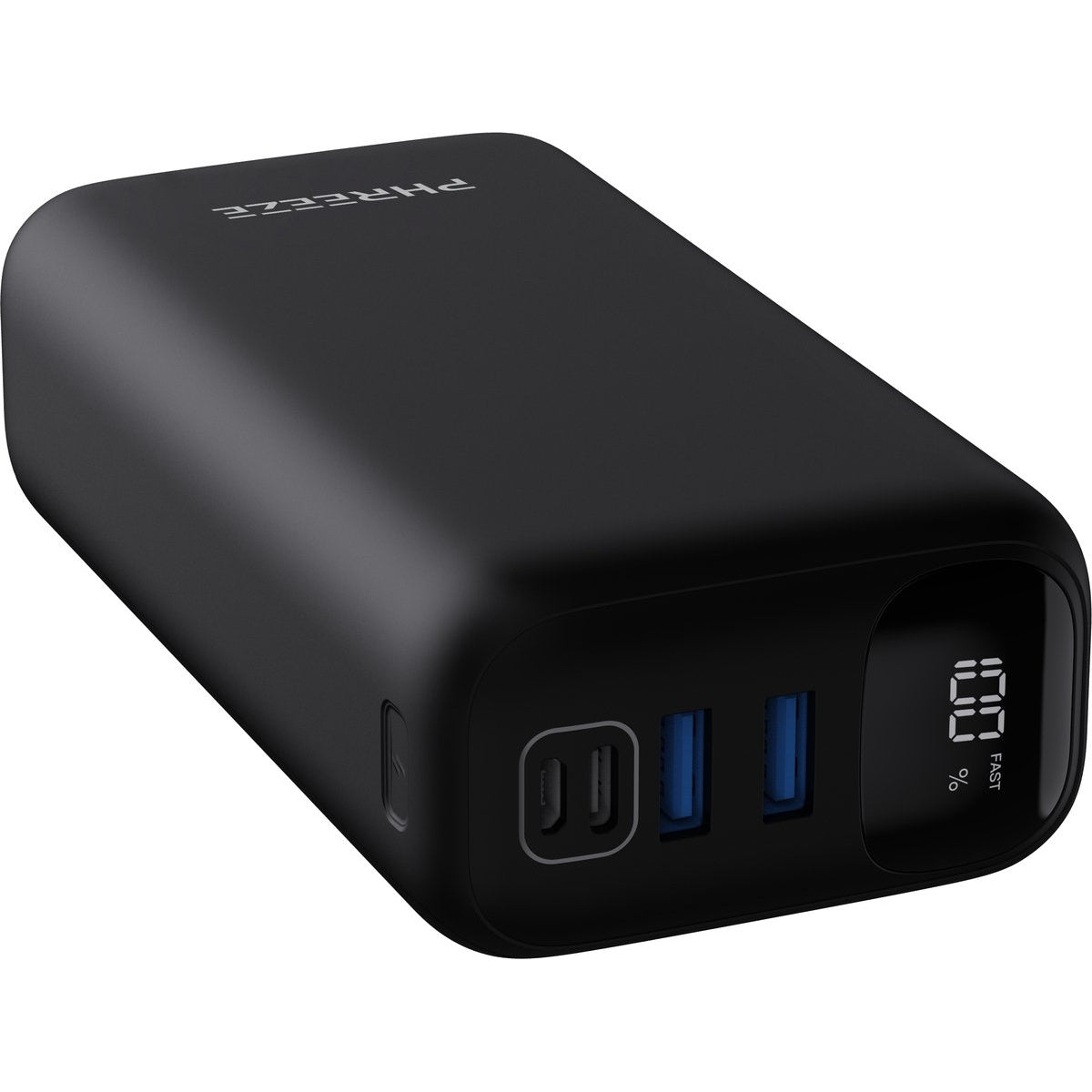 Zwarte powerbank met Phreeze logo. Het heeft oplaadpoorten en een LCD-scherm met het batterijpercentage.