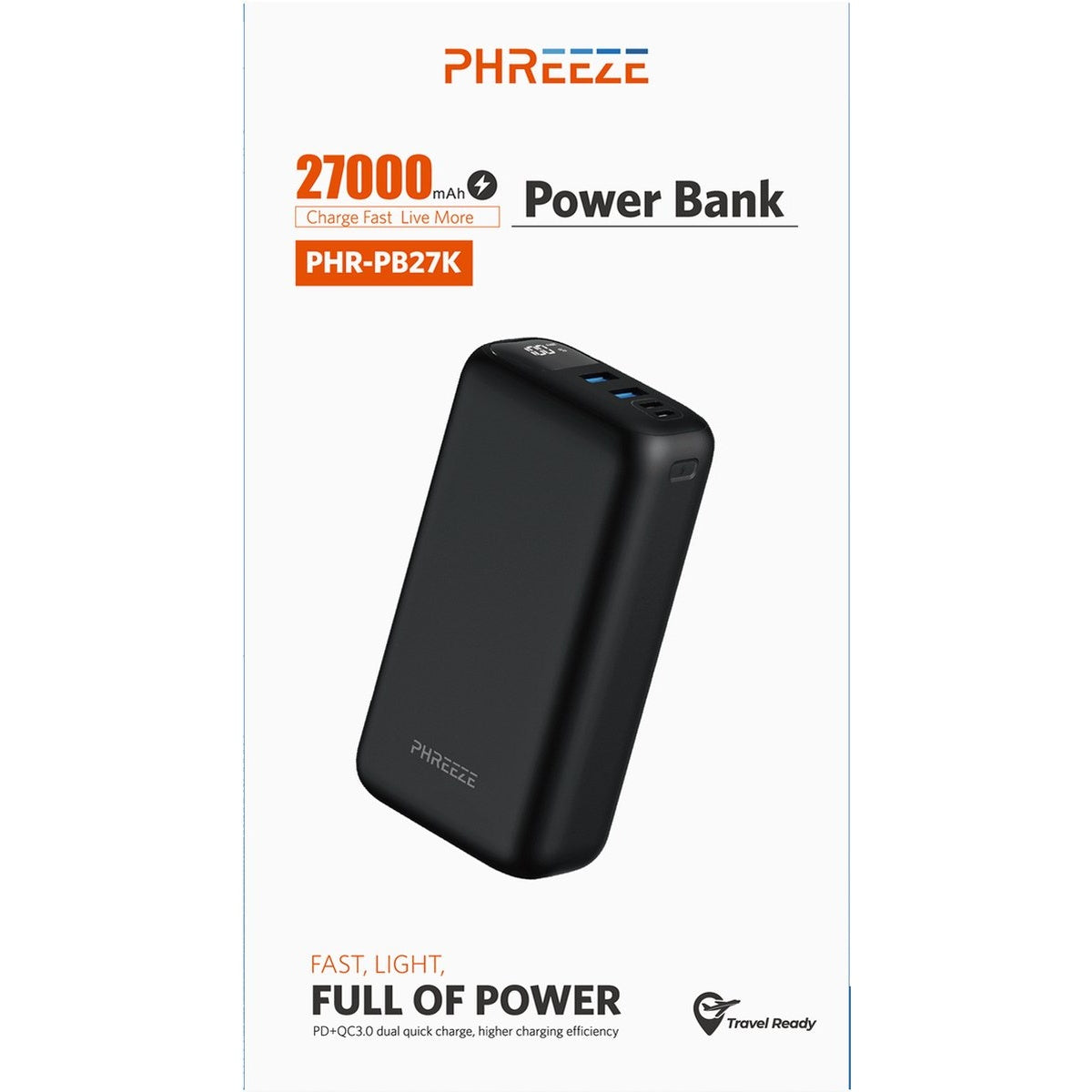 Een zwarte powerbank op een witte achtergrond. Tekst bevat '27000 mAh', 'Power Bank' en 'Full of Power'. Travel Ready-logo is zichtbaar.