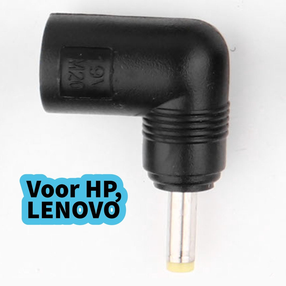 Zwarte, L-vormige laptopvoedingsadapter. Het heeft een zilveren pin en een label met 'Voor HP, LENOVO'.