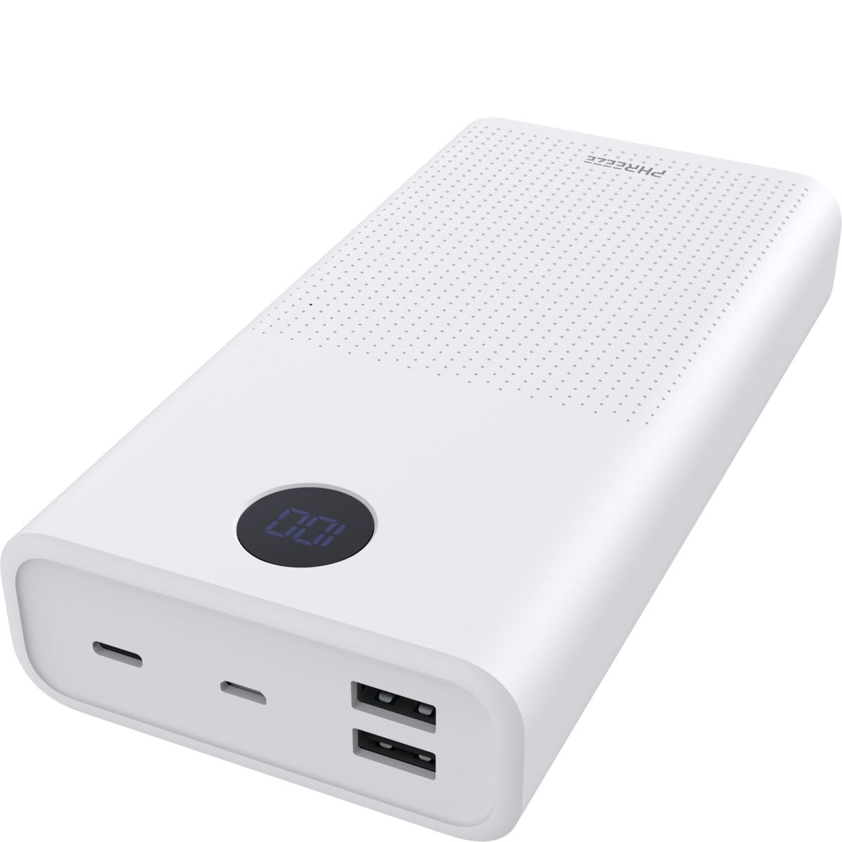 Witte powerbank met een digitaal display. Voorzien van twee USB-poorten en een aan/uit-knop. De bovenkant heeft een gestippeld patroon.