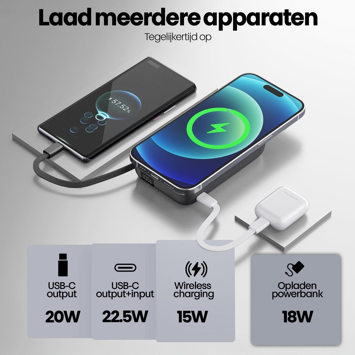 Twee telefoons die opladen op een draadloze oplaadpad. Info graphics tonen USB-C output, input, draadloos opladen en powerbank opties.