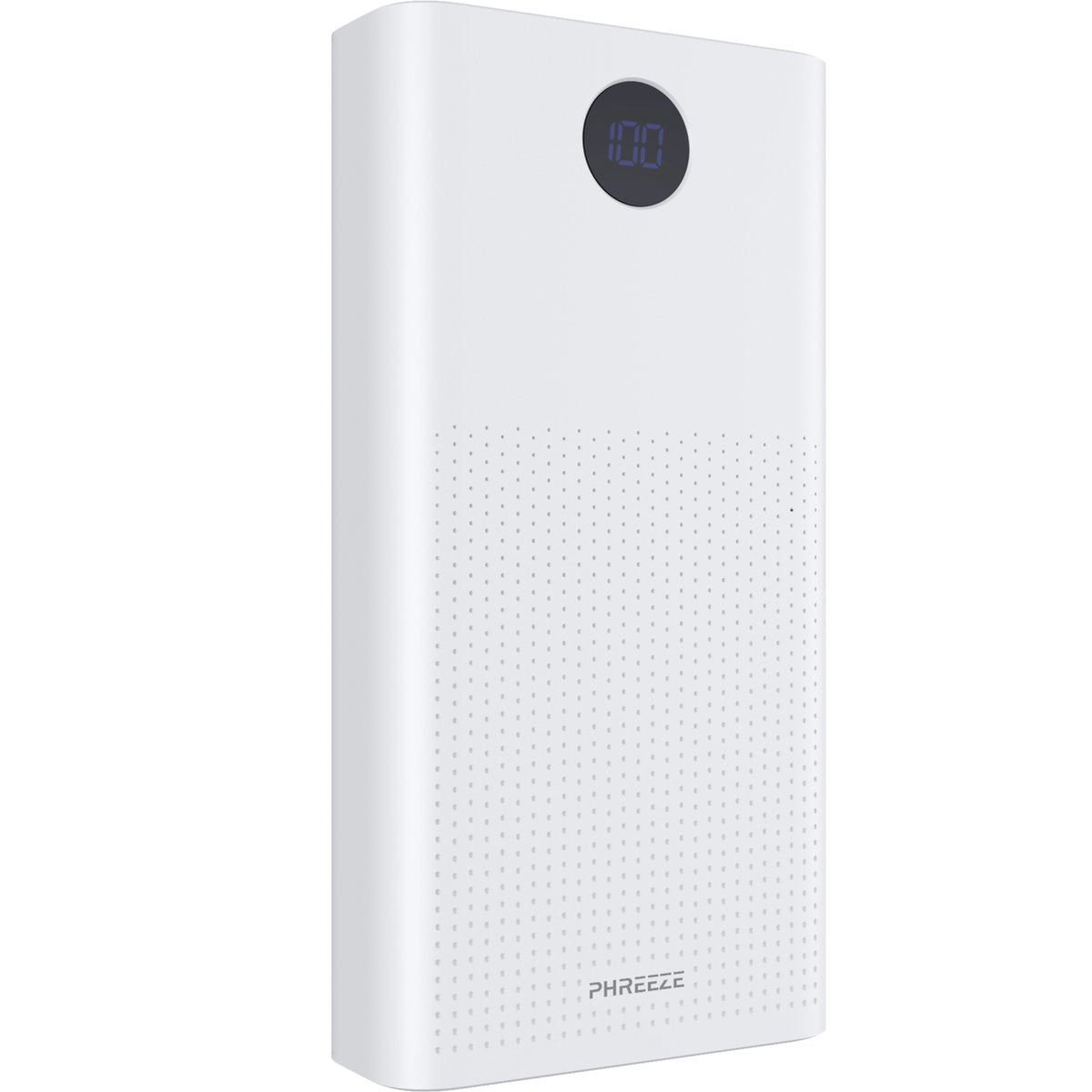 Een witte powerbank met een digitale display die 100 weergeeft. Het heeft een gestippeld patroon en de merknaam 'PHREEZE' staat onderaan.