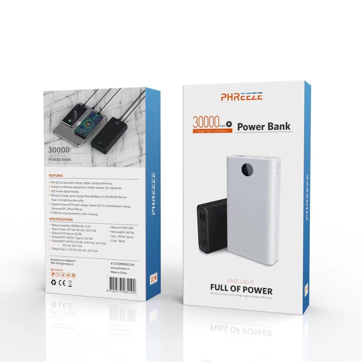 Powerbank-doos met een witte en zwarte powerbank. Tekst bevat capaciteit, functies en specificaties.