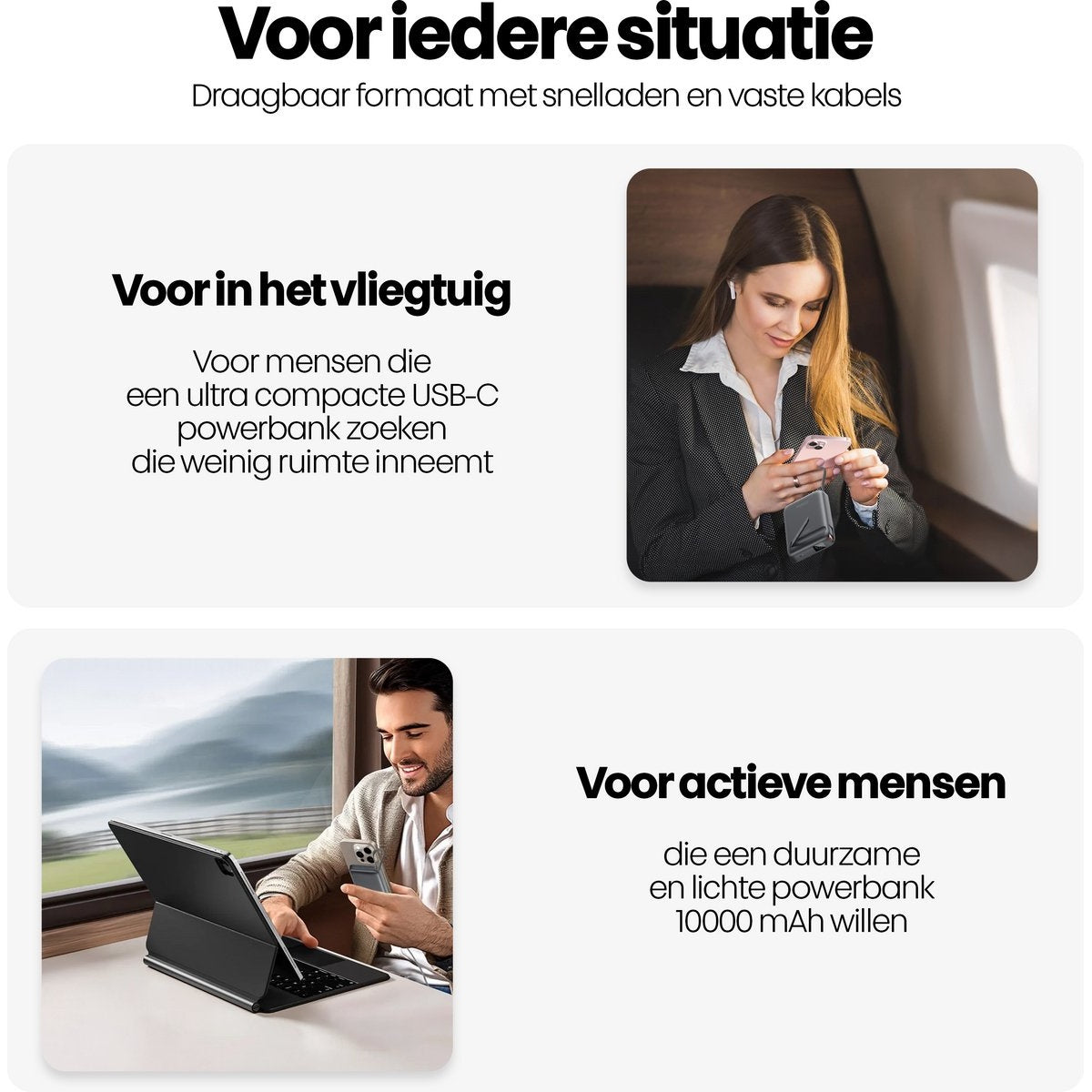Afbeelding toont tekst over een powerbank voor diverse situaties. Bevat foto's van mensen die apparaten gebruiken in een vliegtuig en buiten.