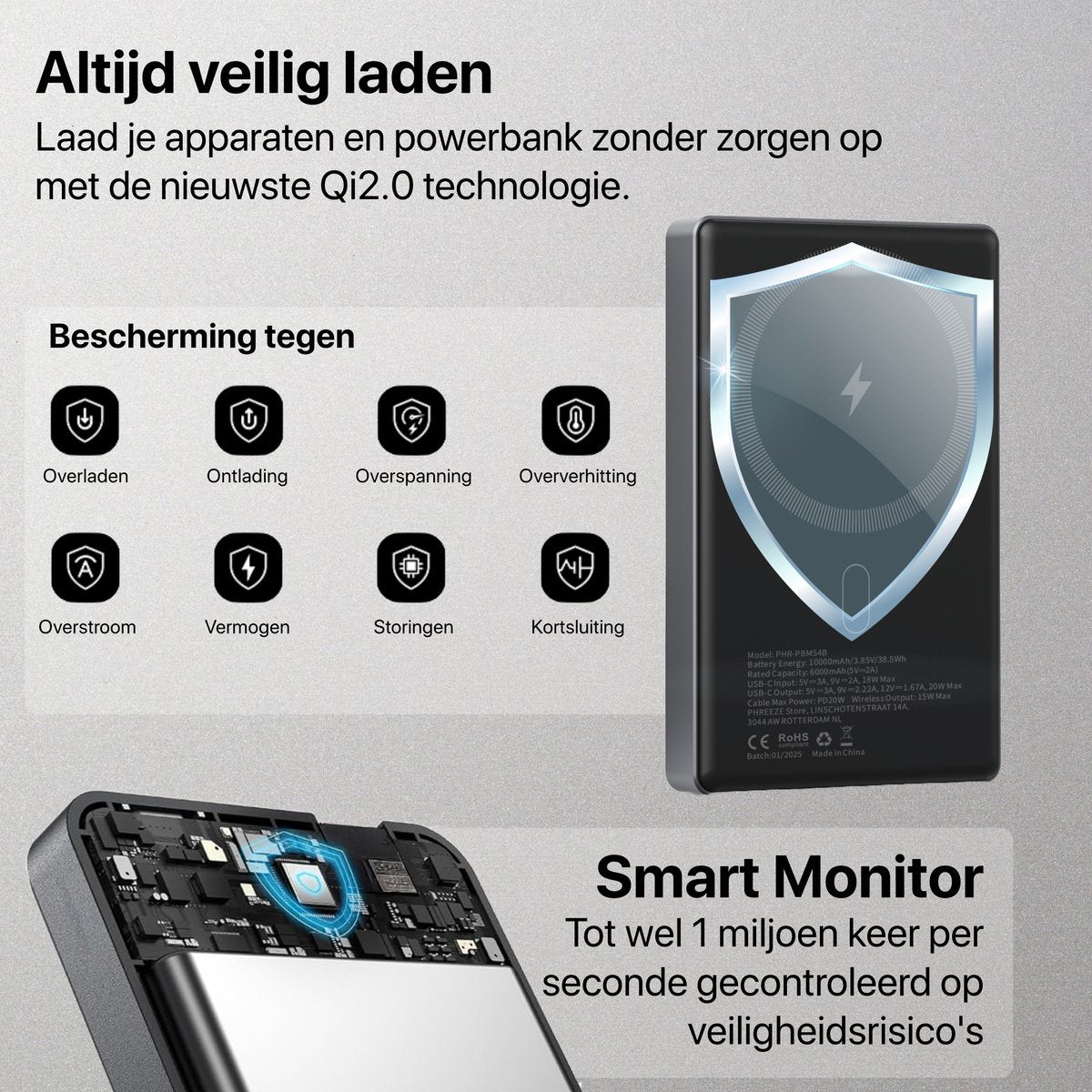 Een zwarte powerbank met een beschermend schild grafisch en pictogrammen die bescherming aangeven tegen verschillende problemen zoals overbelasting en overstroom.