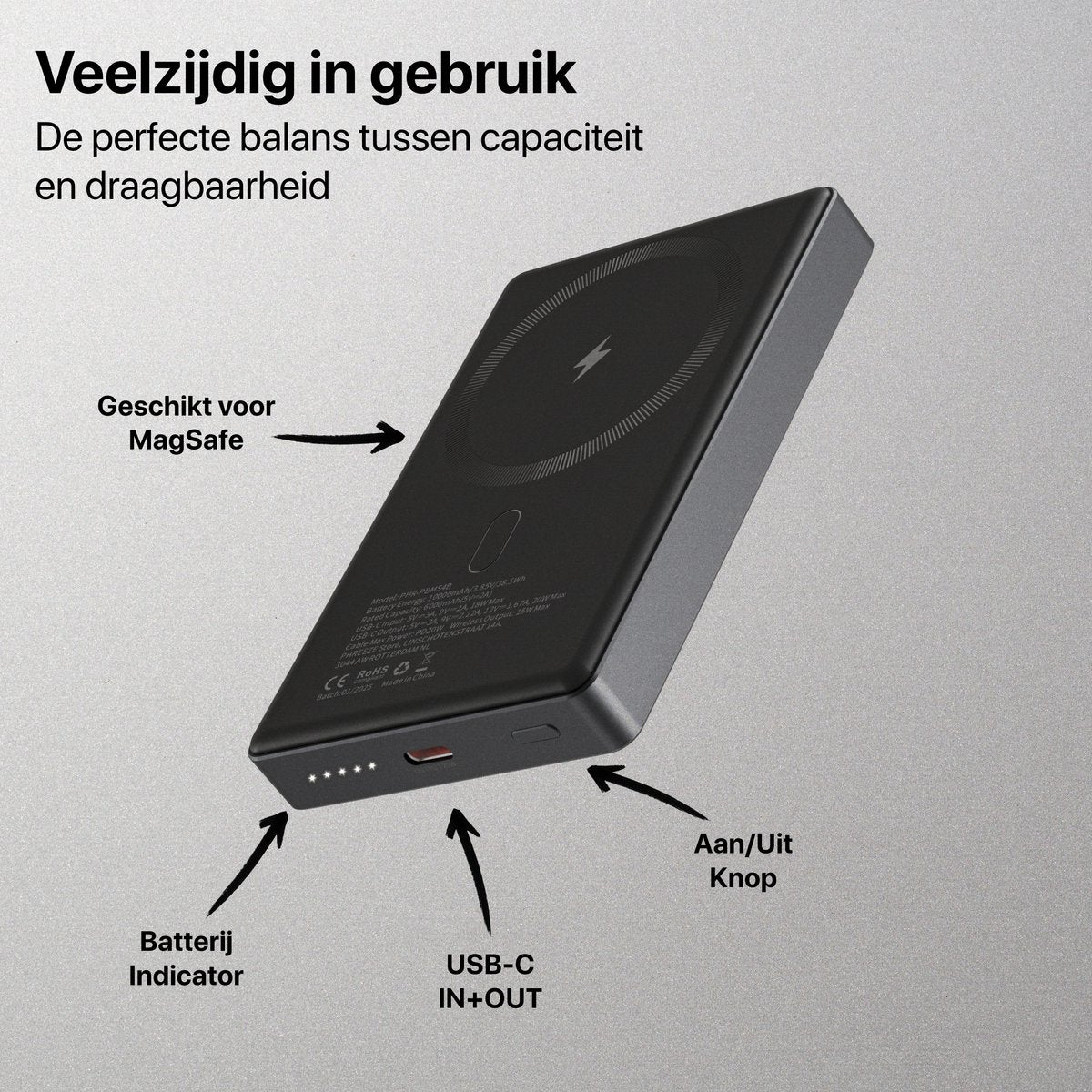 Zwarte powerbank met USB-C en batterij-indicator. Tekst: Geschikt voor MagSafe. Labels geven knop, poorten en merkinformatie aan.