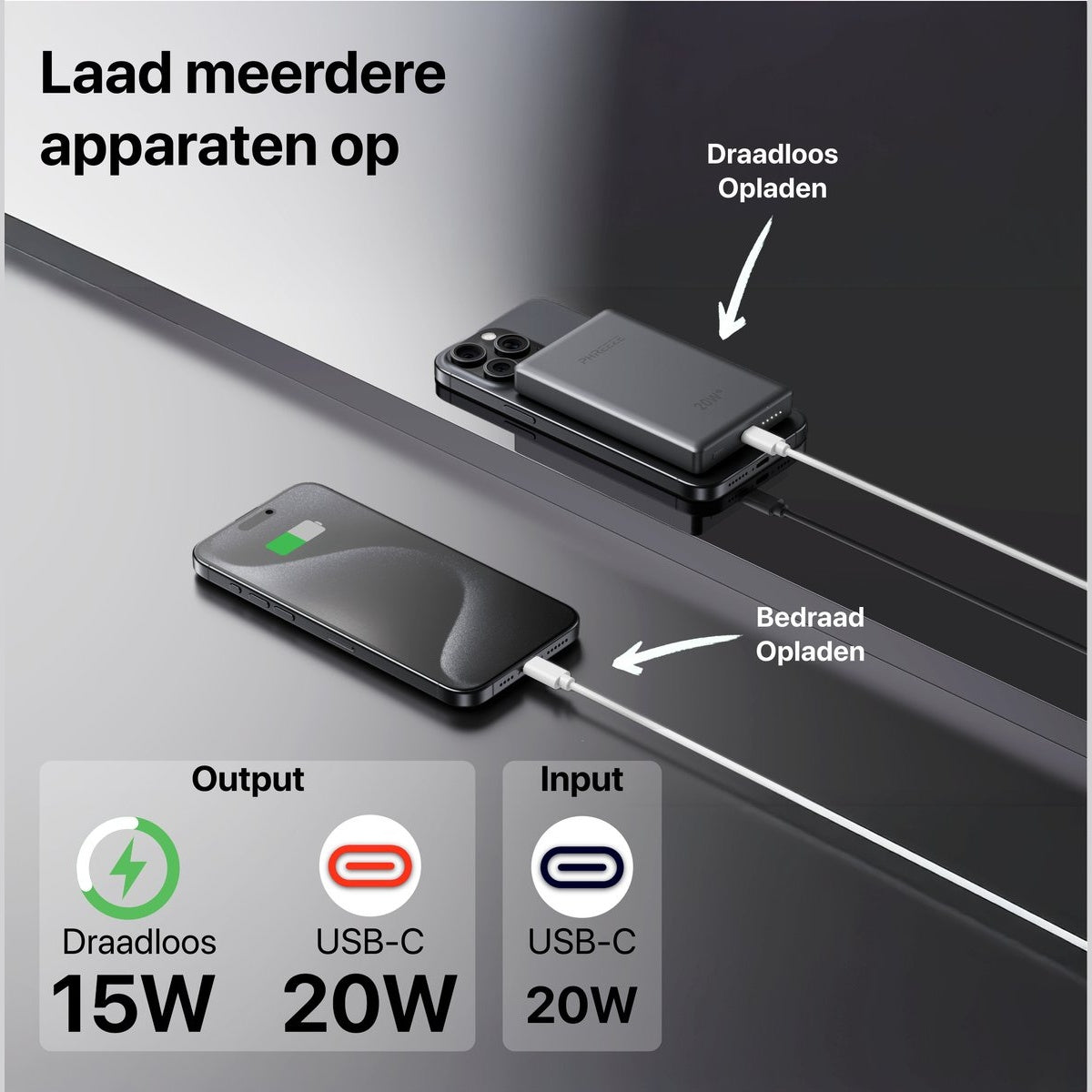 Afbeelding toont twee telefoons die draadloos en bedraad opladen. Een powerbank ligt op een telefoon. Tekst geeft laaduitgang en -ingang aan.