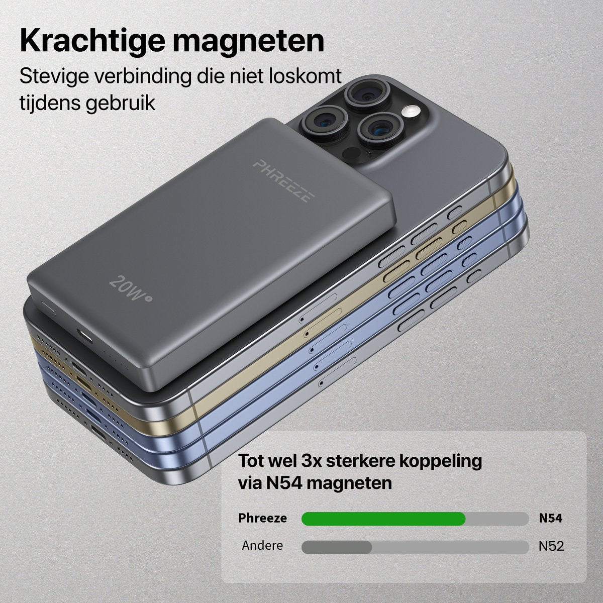 Een grijze powerbank magnetisch bevestigd aan meerdere gestapelde telefoons. De telefoons zijn zilver, goud en blauw.