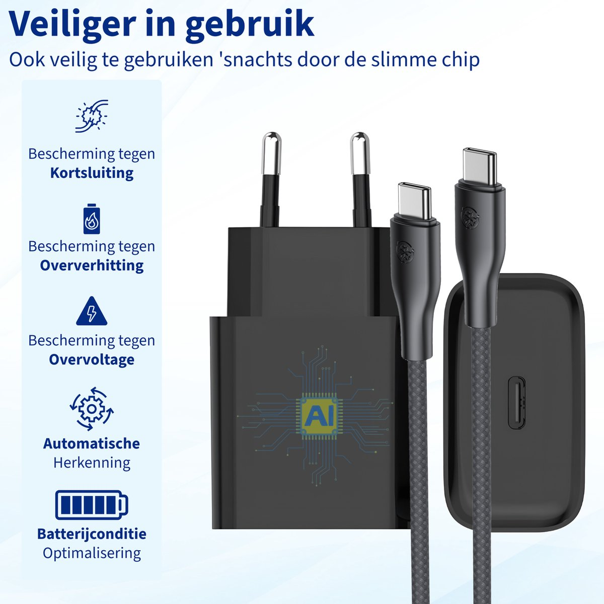 Een zwarte oplader met twee USB-C-kabels en een oplaadblok. Tekst benadrukt veiligheidsfuncties en AI-technologie.