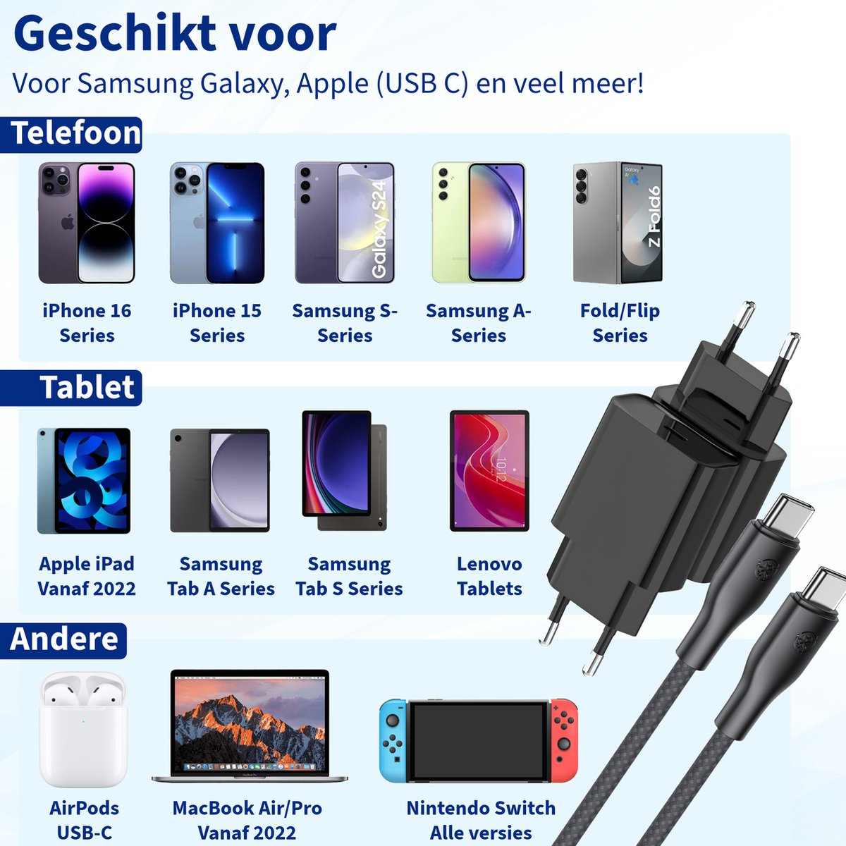 Afbeelding toont telefoons, tablets en accessoires. Inclusief iPhones, Samsung Galaxy telefoons, iPads, MacBooks, Nintendo Switch en oplaadkabels.