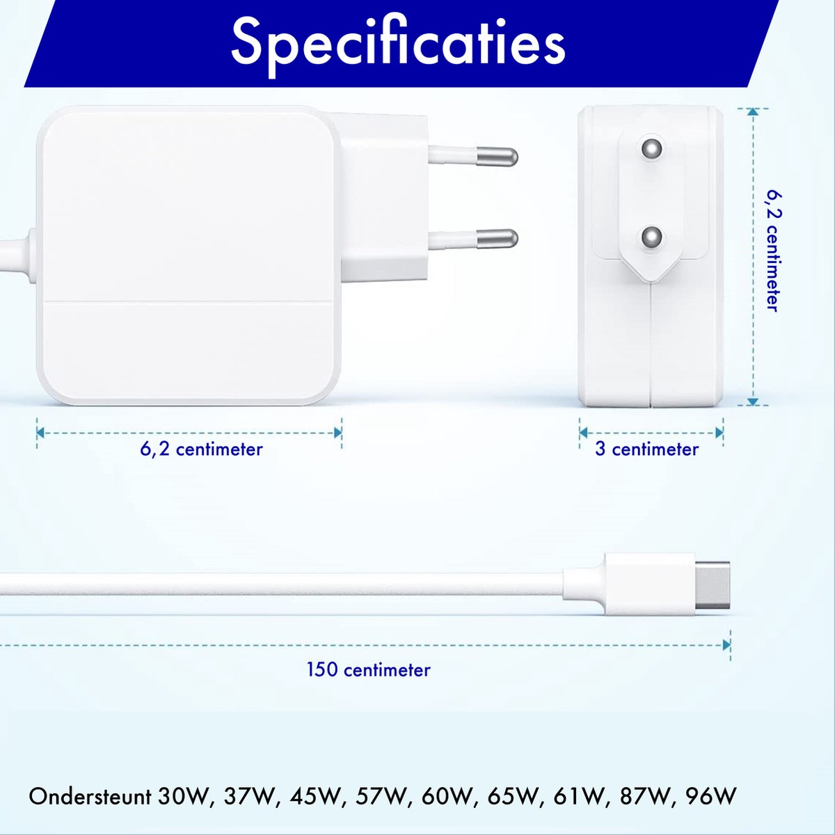 White charger with a plug and a USB-C cable. Dimensions are indicated. Supports 30W-96W.