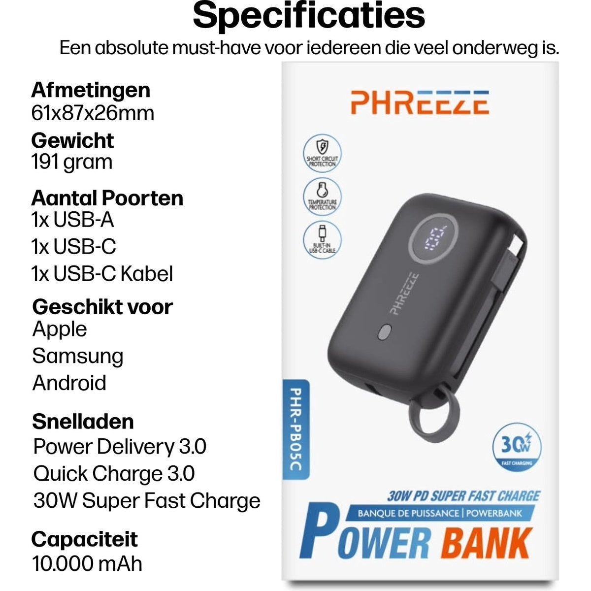 Een zwarte powerbank met een digitaal display, merk PHREEZE, en tekst over de functies. Inclusief een ring om te bevestigen.