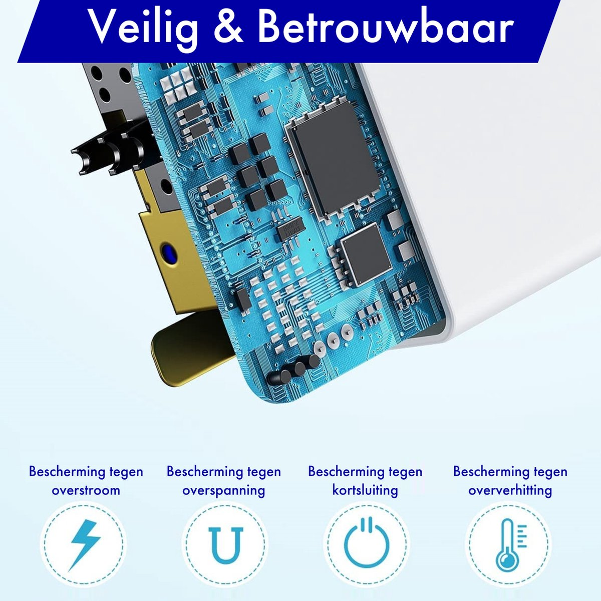 Afbeelding toont een PCB en tekst over bescherming: overstroom, overspanning, kortsluiting en oververhitting. Een wit apparaat op de achtergrond.