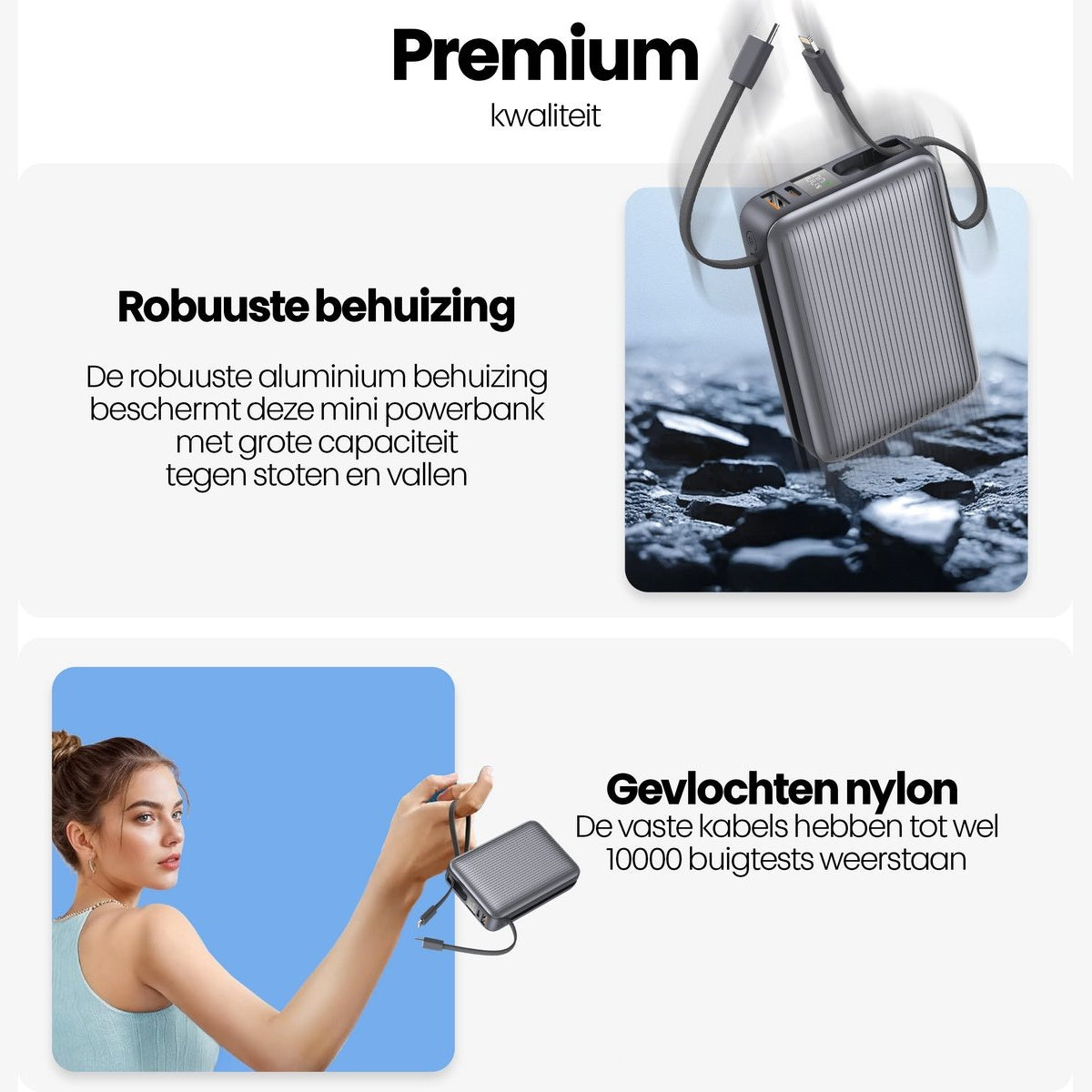 Afbeelding toont een powerbank, een vrouw die hem vasthoudt, en tekst over de kenmerken van het product, waaronder een robuuste aluminium behuizing.