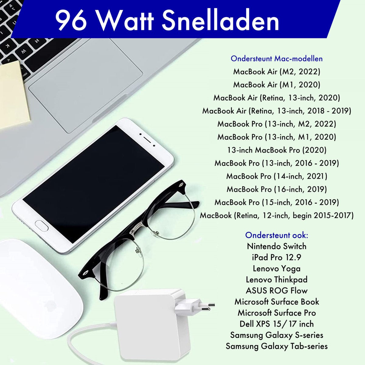 Image shows laptop, phone, glasses, charger. Text lists compatible devices like MacBooks, Nintendo Switch, and Samsung Galaxy.
