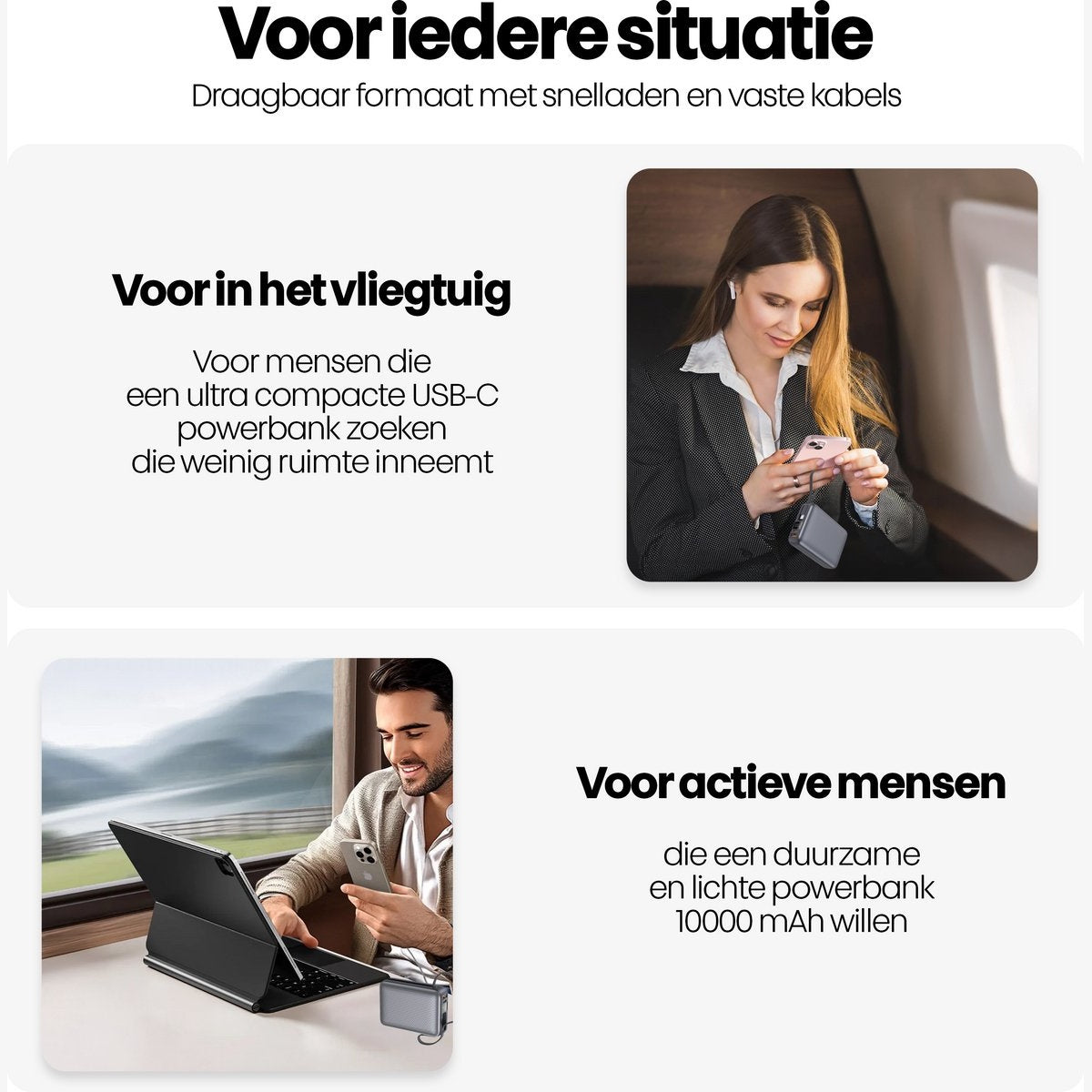 Afbeelding toont productvoordelen: draagbaarheid, snel opladen en vaste kabels. Bevat afbeeldingen van mensen die apparaten met het product gebruiken.