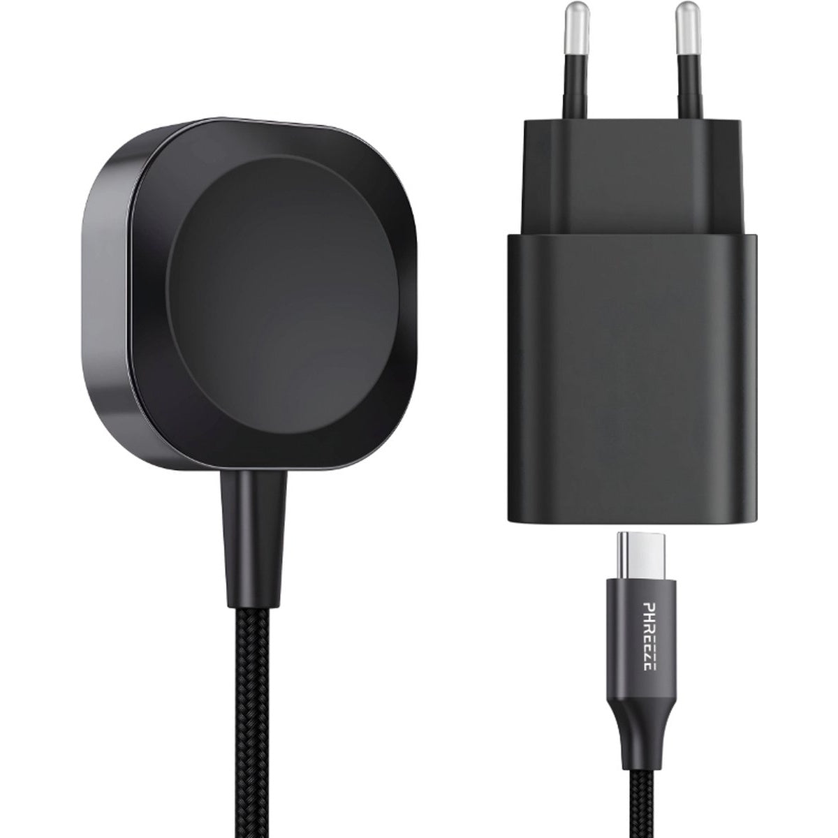 Twee zwarte opladers. Eén is rond met een snoer, de andere is rechthoekig met een USB-C kabel.