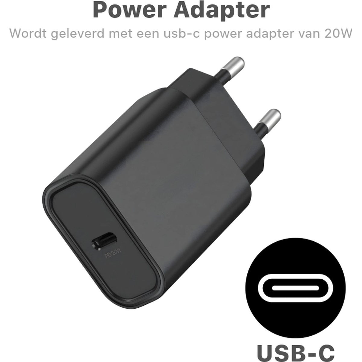 Zwarte voedingsadapter met zilveren pinnen en een USB-C-poort. Een USB-C-logo staat rechts. Tekst: 'Power Adapter' en 'USB-C'.