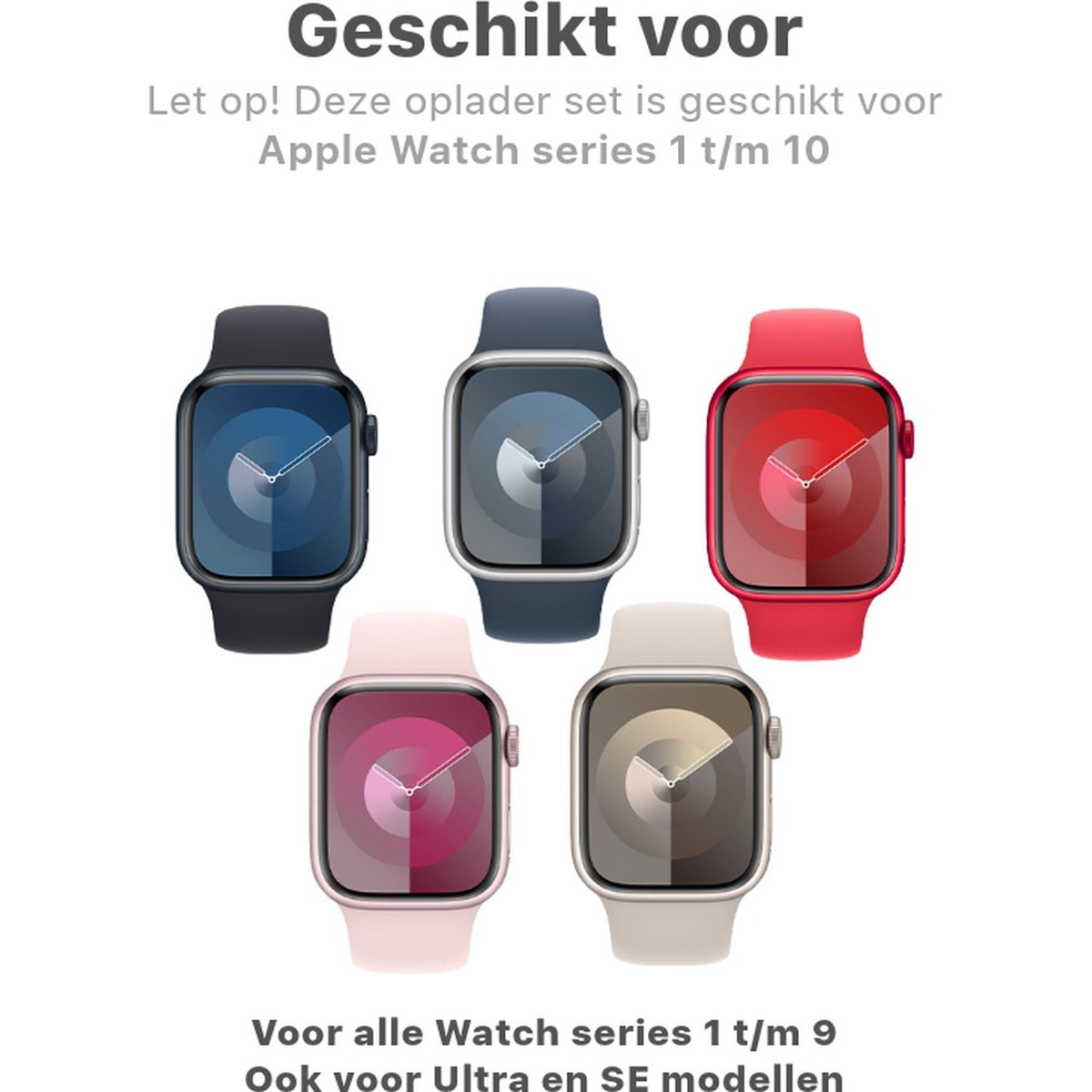 Vijf Apple Watches in verschillende kleuren: zwart, blauw, rood, roze en beige. Tekst boven en onder geeft compatibiliteit aan.