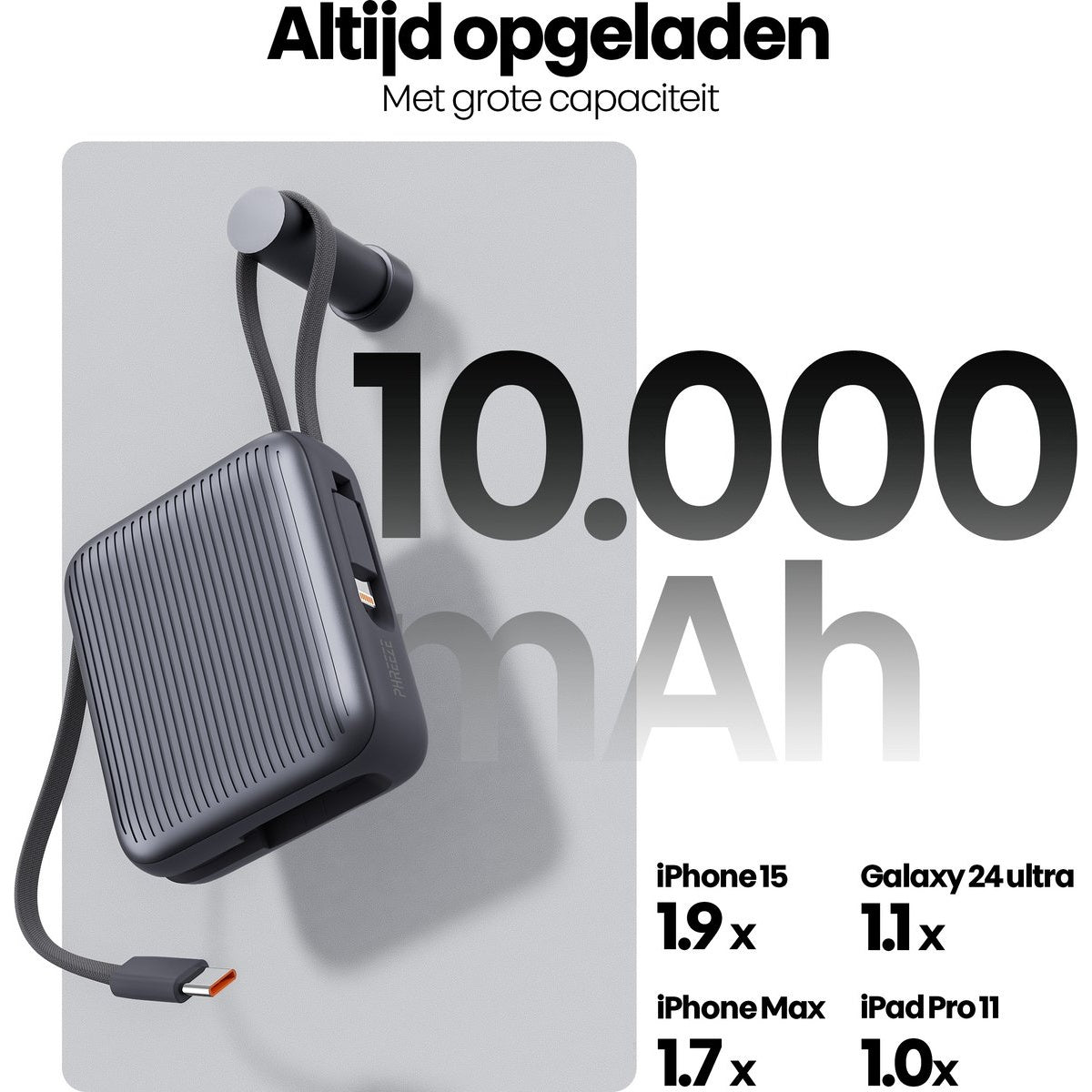 Een grijze powerbank met 10.000 mAh, hangend. Tekst geeft aan dat het iPhones en Galaxy-telefoons kan opladen.