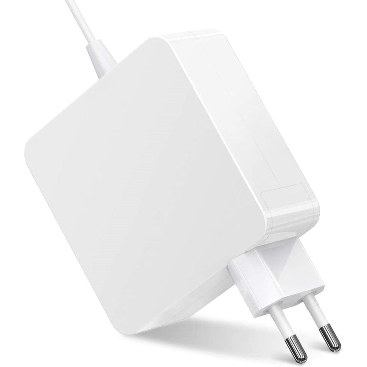 A white power adapter with a two-prong plug is angled. The adapter has a white cable connected to it.