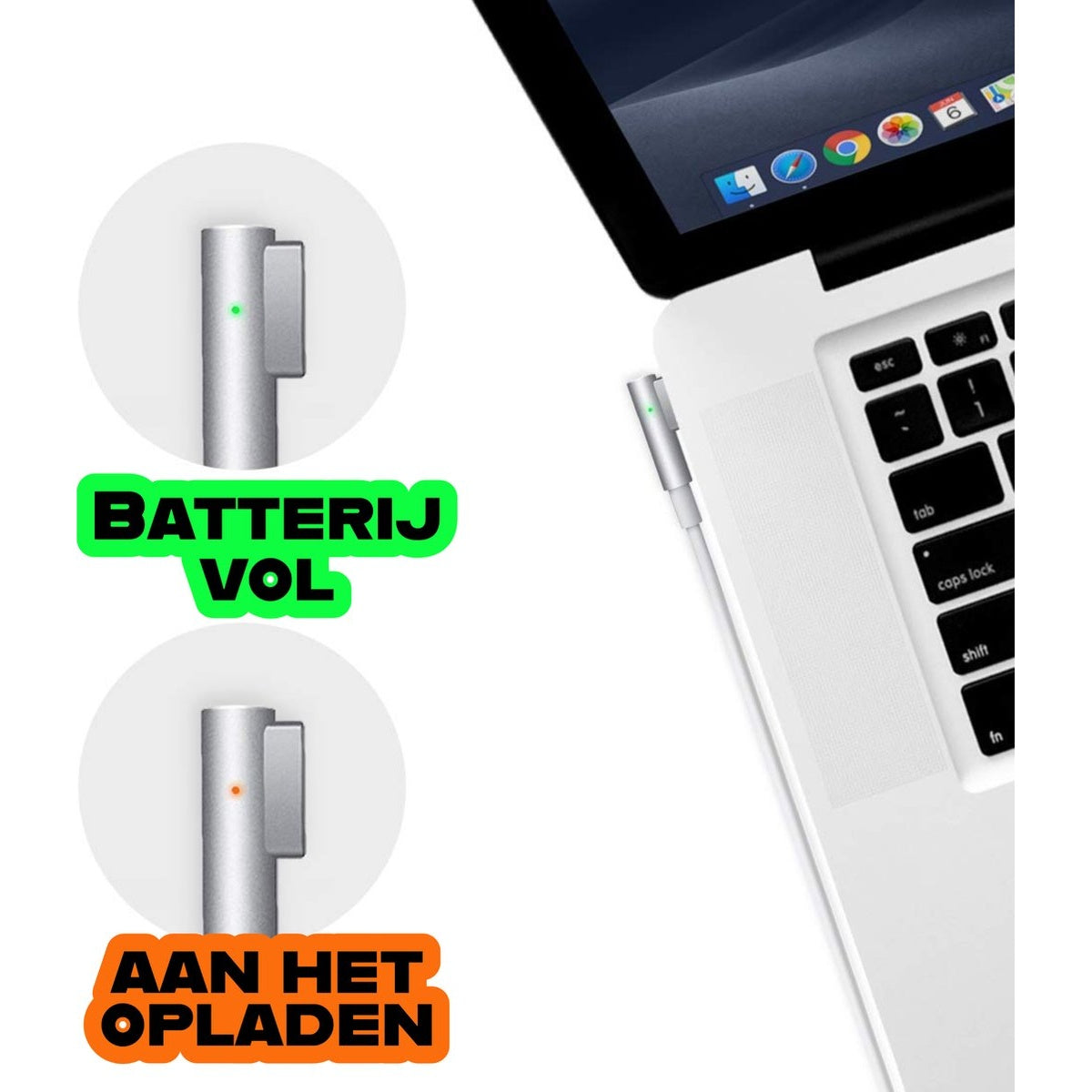 A laptop charging with a MagSafe adapter. The adapter shows 'Batterij Vol' (battery full) and 'Aan het Opladen' (charging) statuses.
