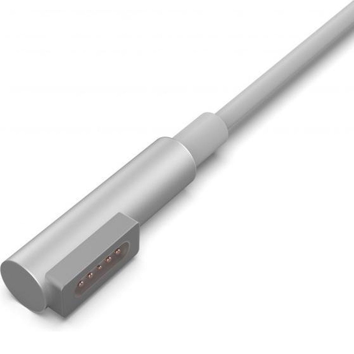 A white and silver laptop charger with a magnetic connector. Five pins are visible. The cable extends diagonally upwards.