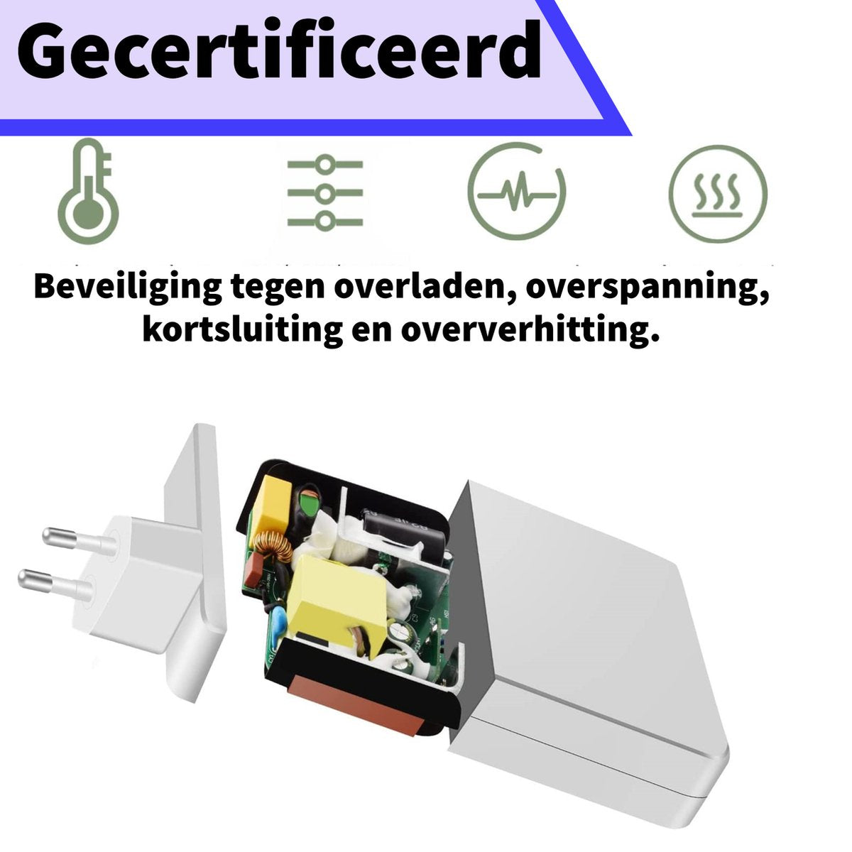 An opened power adapter with components visible, text in Dutch, and icons indicating safety features.