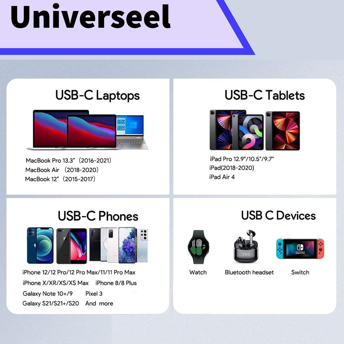 Image shows various USB-C devices: laptops, tablets, phones, watch, headset, and Switch, with model names listed.