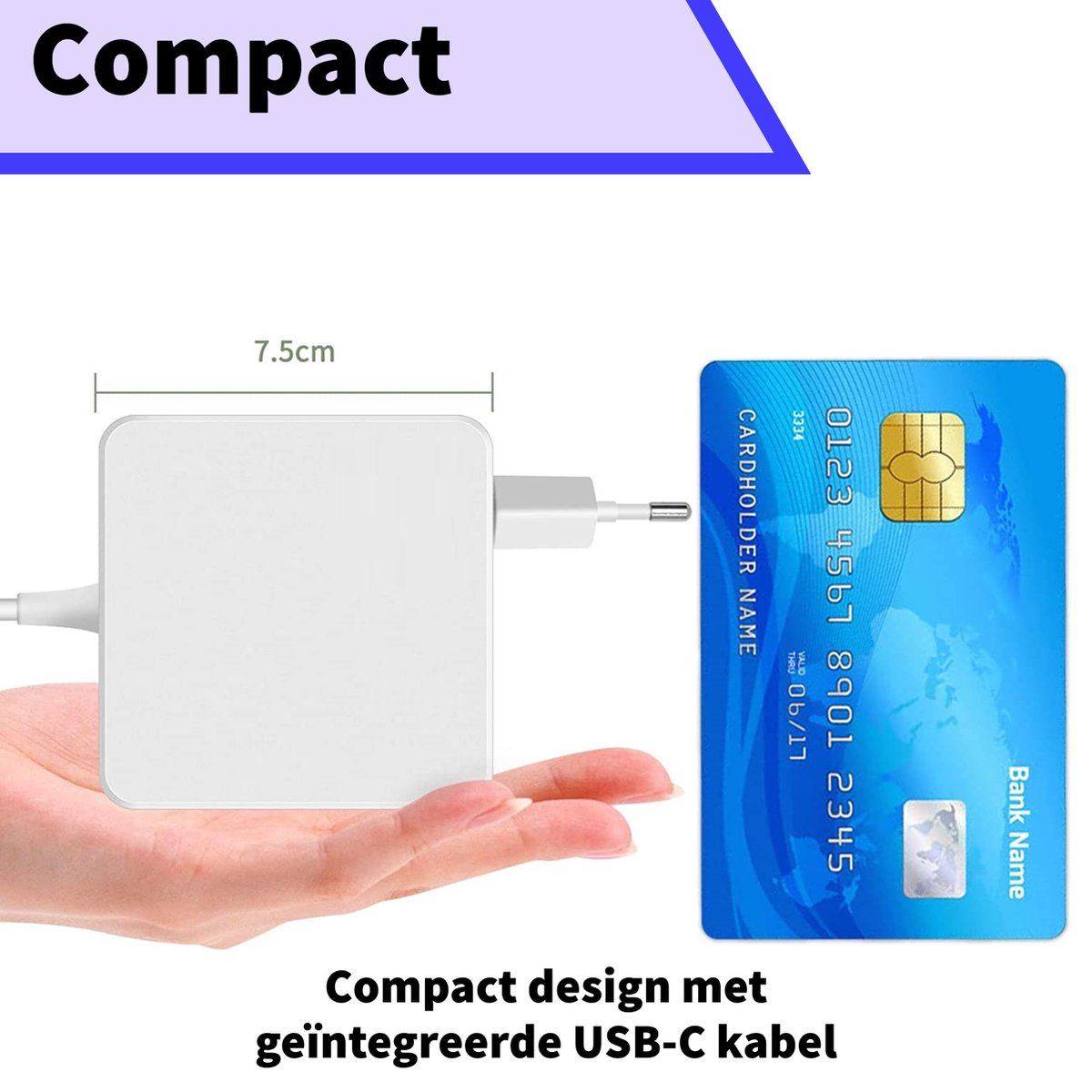 A hand holding a white charger next to a blue credit card. The charger is labeled as compact with dimensions of 7.5 cm.