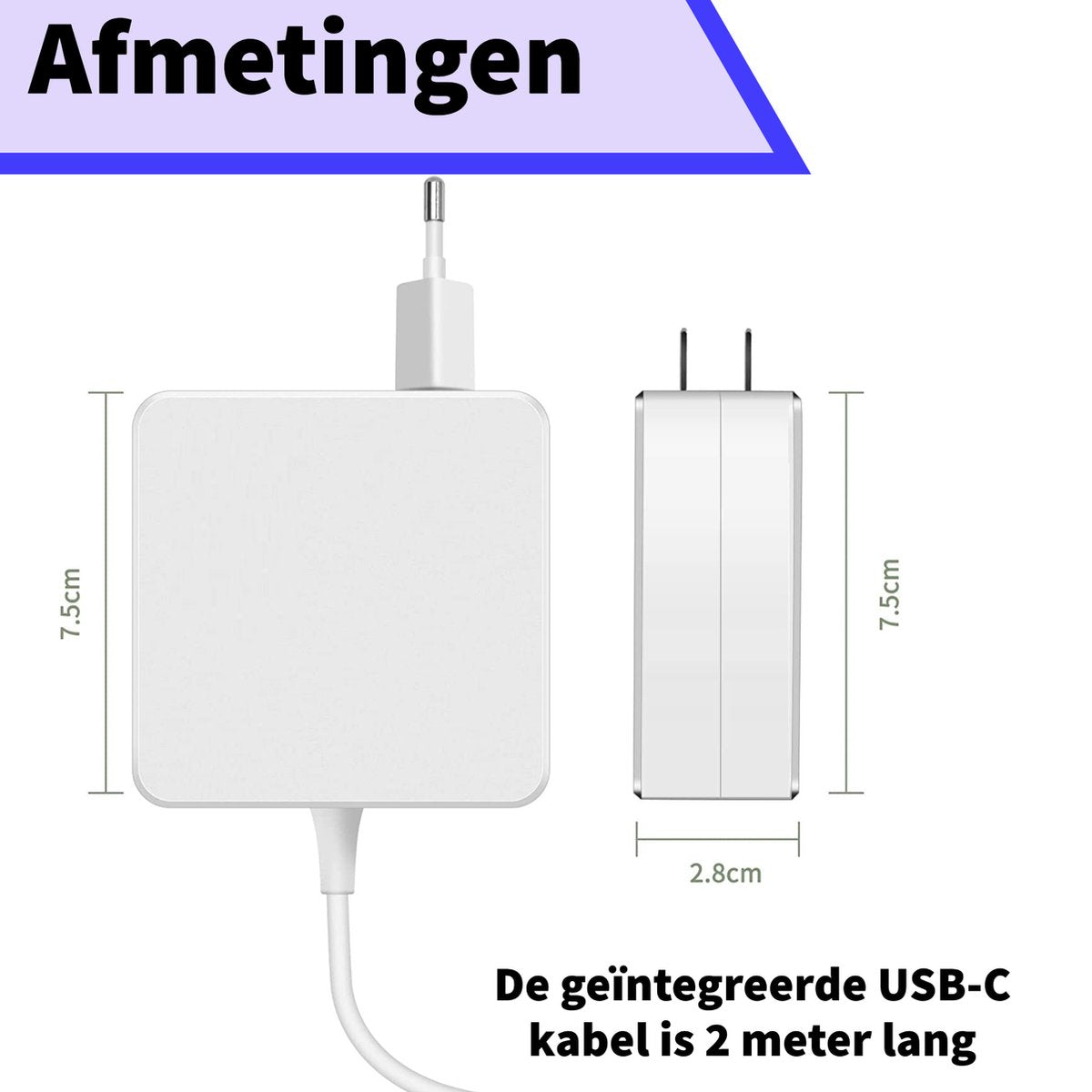White power adapter with USB-C cable and dimensions. The integrated USB-C cable is 2 meters long.