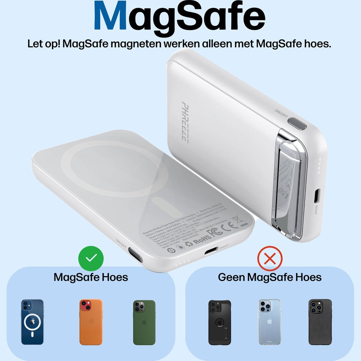 Witte powerbank met MagSafe hoesjes. Toont compatibiliteit met MagSafe hoesjes, niet met andere. Tekst in het Nederlands.
