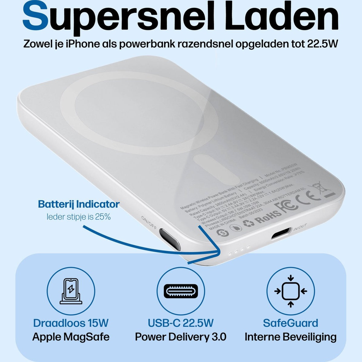 Witte powerbank met tekst. Toont batterij-indicator op 25%, draadloos opladen, USB-C 22,5W en SafeGuard.