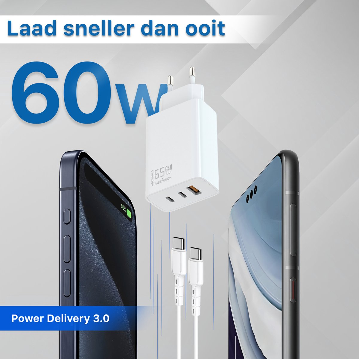 Afbeelding toont een telefoonoplaadopstelling met oplader, kabels en twee smartphones. Tekst geeft snellaadmogelijkheden aan.