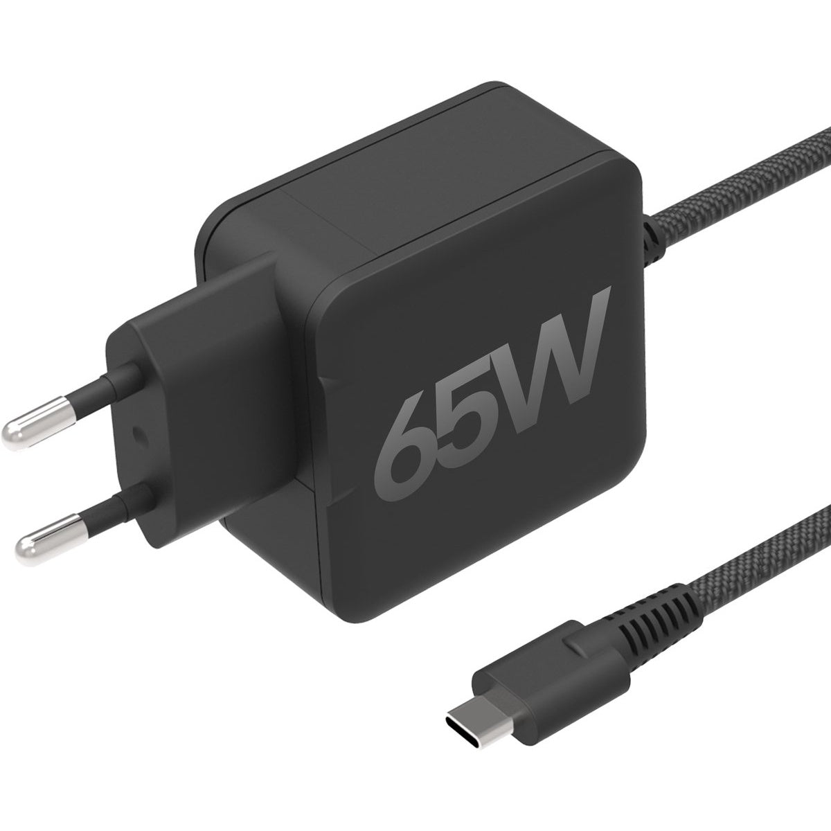Een zwarte 65W oplader met een tweepins stekker en een USB-C kabel. De oplader staat op een witte achtergrond.
