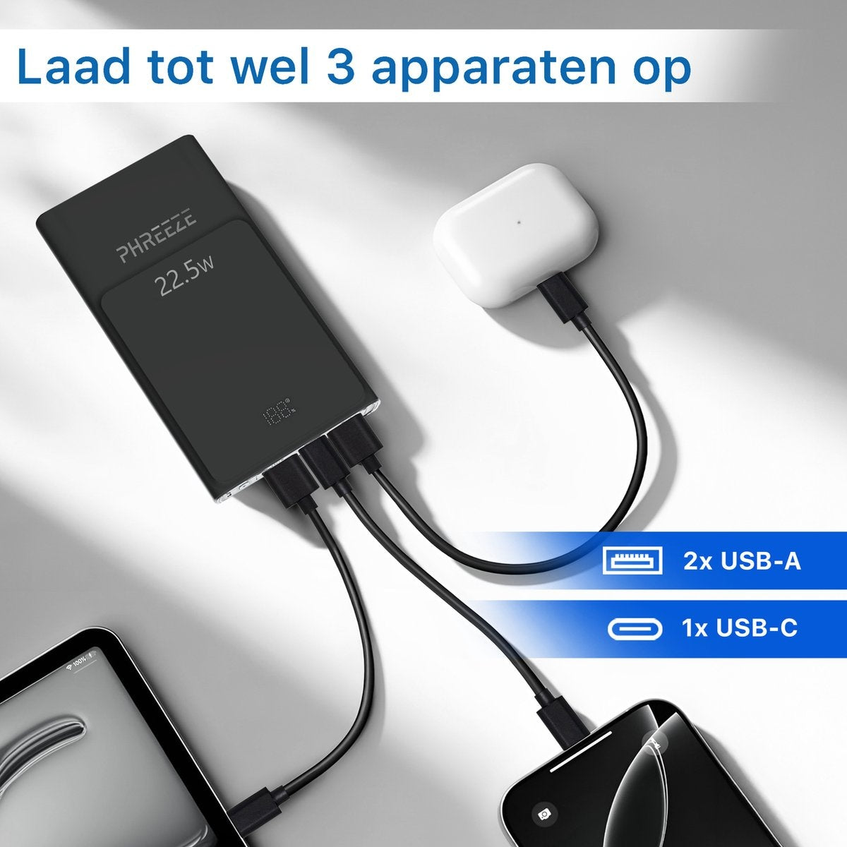 Een zwarte powerbank laadt drie apparaten op: een iPad, een telefoon en een witte case. Tekst geeft aan dat er tot 3 apparaten worden opgeladen.