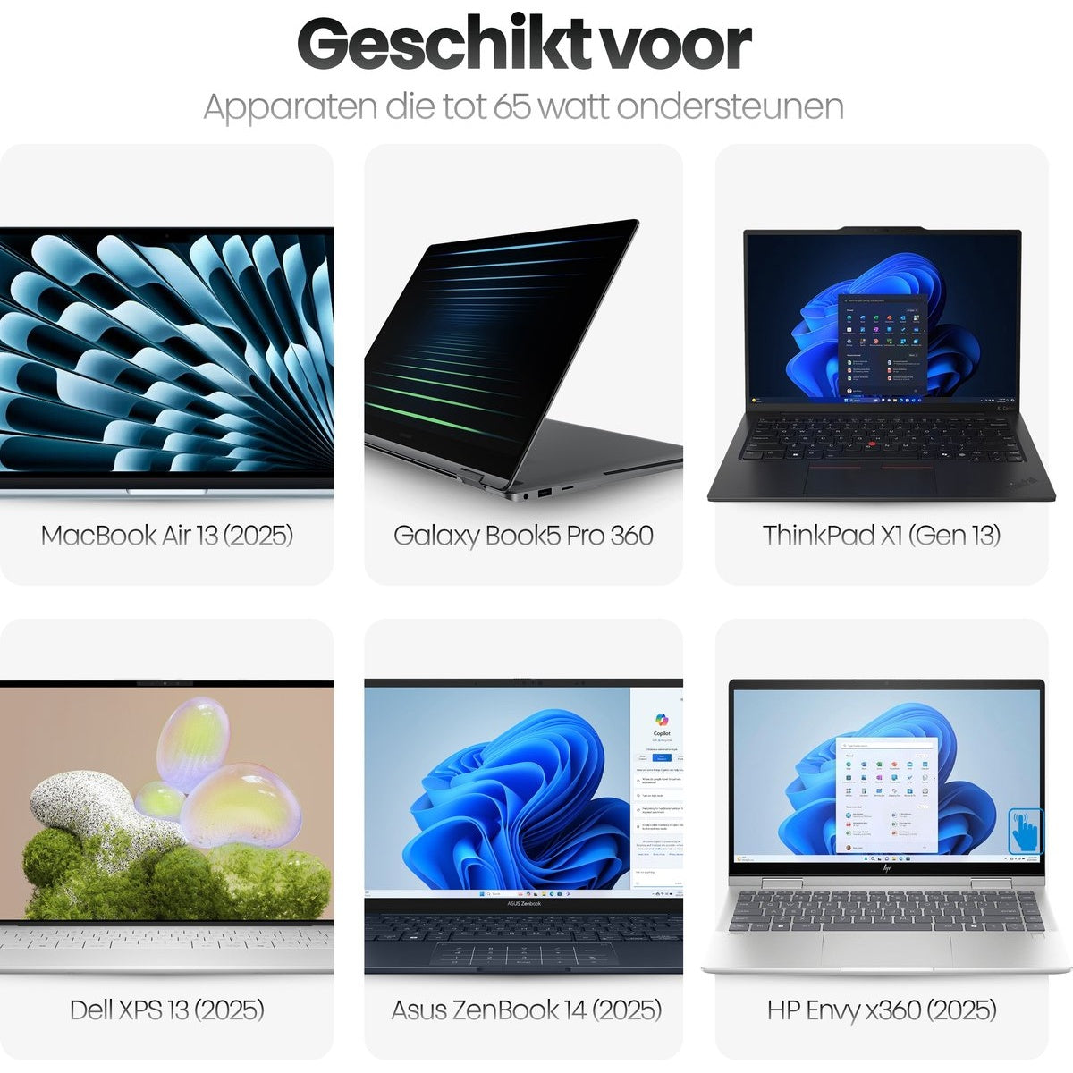 Afbeelding toont zes laptops: MacBook Air, Galaxy Book5 Pro 360, ThinkPad X1, Dell XPS 13, Asus ZenBook 14 en HP Envy x360.