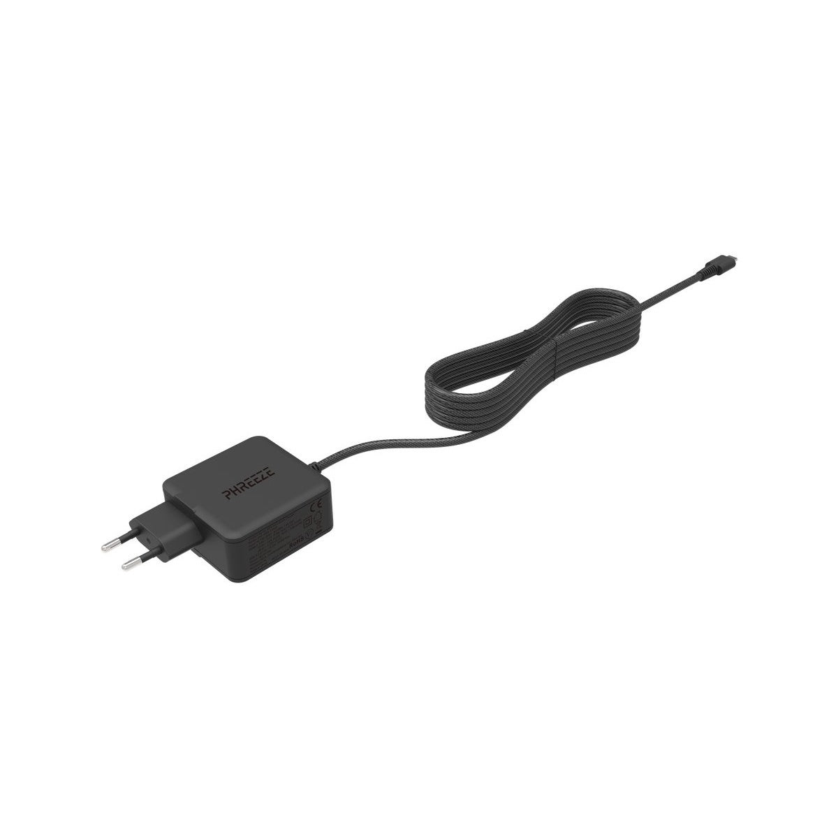 Een zwarte Phreeze-oplader met een lange, gevlochten kabel. De oplader heeft een stekker met twee pinnen en een USB-C-connector.