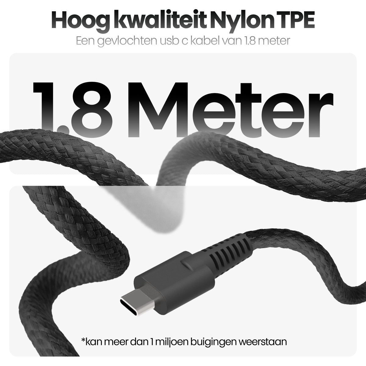 Een zwarte USB-C-kabel van 1,8 meter lang, met tekst, waaronder '1,8 meter' en 'Nylon TPE'.