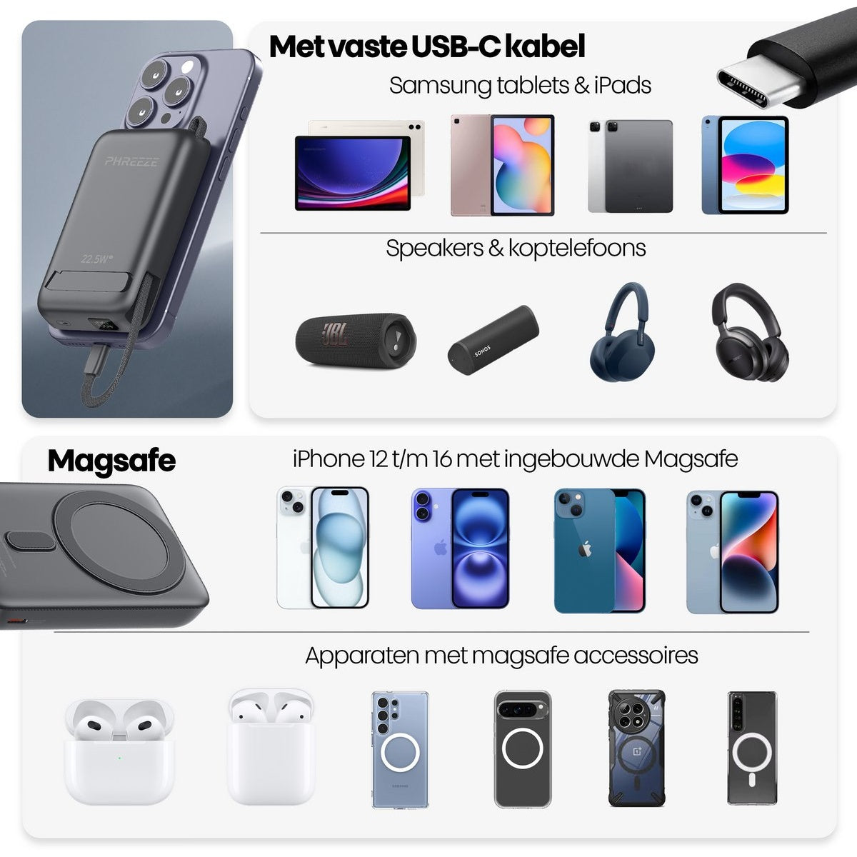 Image showcases a power bank connected to a phone, with various devices like tablets, headphones, and phones arranged below.