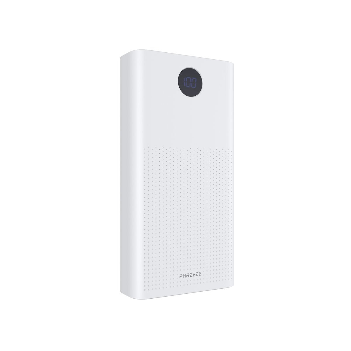 Een witte powerbank met een digitaal display met 100. Het heeft een geperforeerd ontwerp en de merknaam PHREEZE.