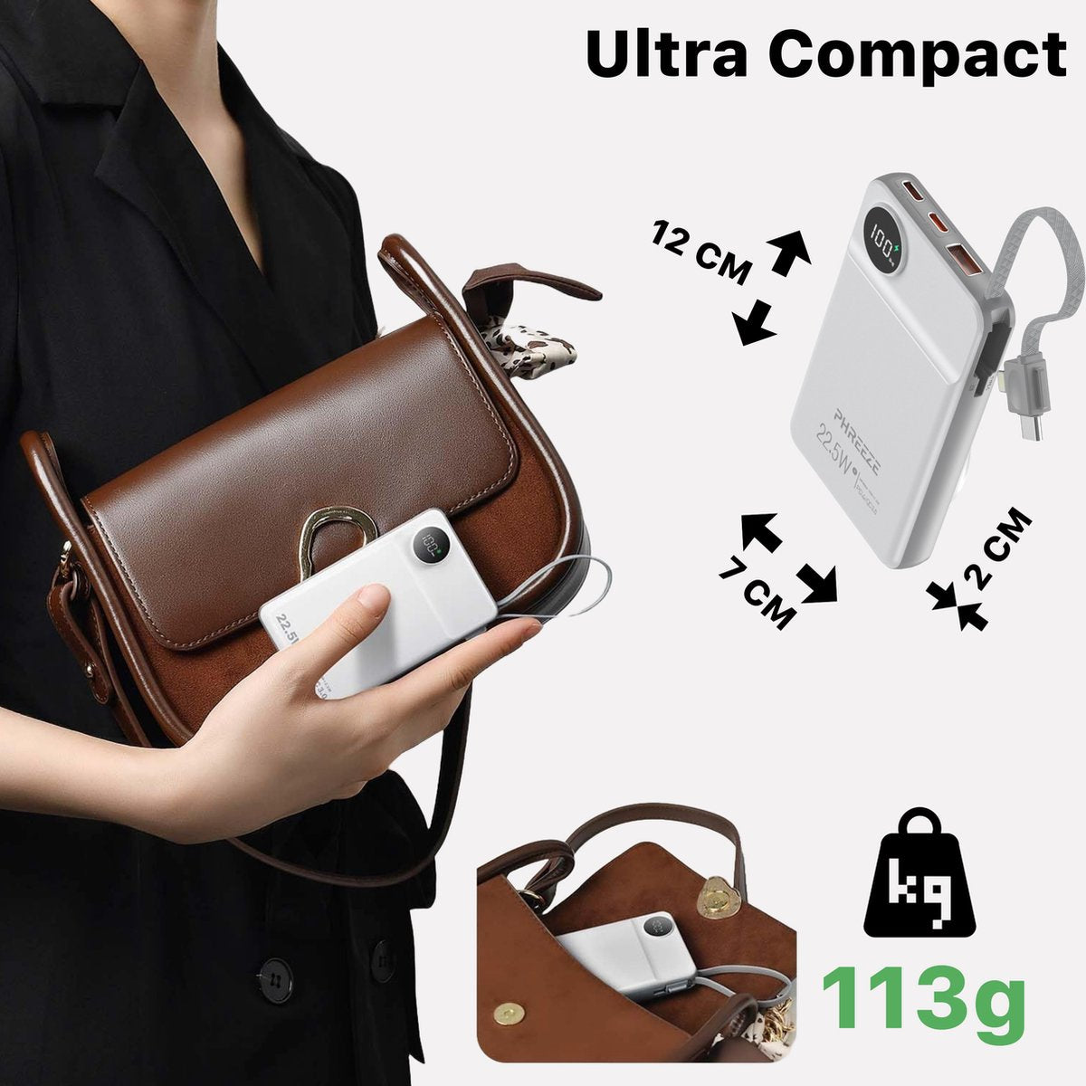 Een vrouw houdt een bruine tas en een witte powerbank vast. De powerbank heeft afmetingen en weegt 113g.