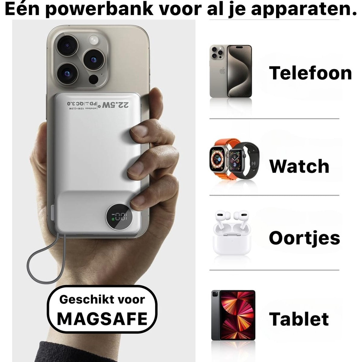Hand houdt powerbank vast die aan telefoon is bevestigd. Andere apparaten: telefoon, horloge, oortjes, tablet. Tekst: 'MAGSAFE compatibel'.