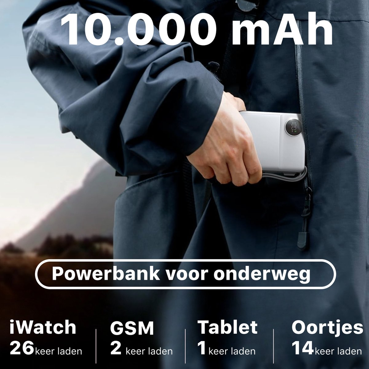 Persoon met een powerbank van 10.000 mAh. Tekst geeft aan dat het iWatch 26 keer oplaadt, GSM 2, Tablet 1 en oortjes 14 keer.